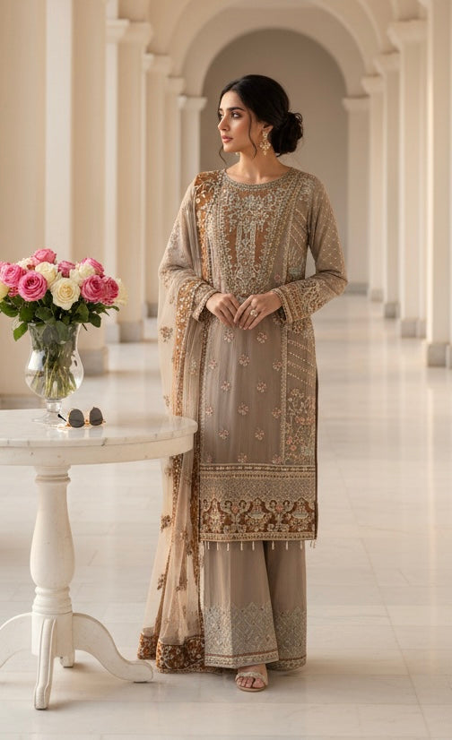 352B- FAWN CHIFFON EMBROIDERED 3 PIECE SUIT
