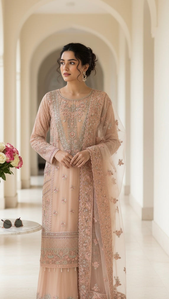 352C- PEACH CHIFFON EMBROIDERED 3 PIECE SUIT