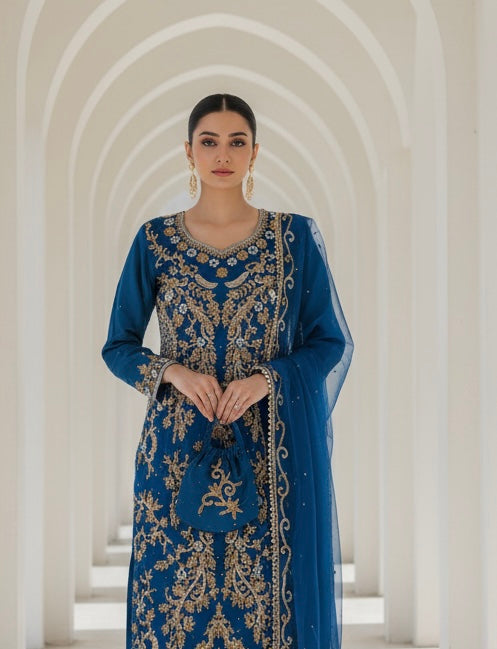 0173A- BLUE EMBROIDERED SHARARA SUIT