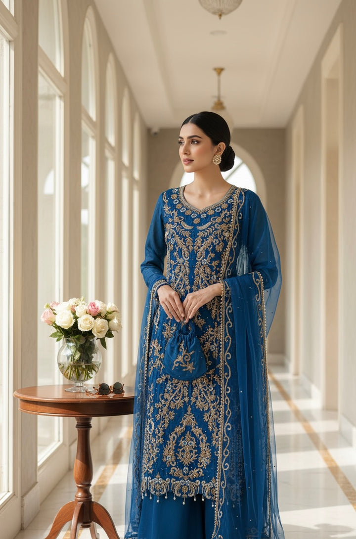 0173A- BLUE EMBROIDERED SHARARA SUIT