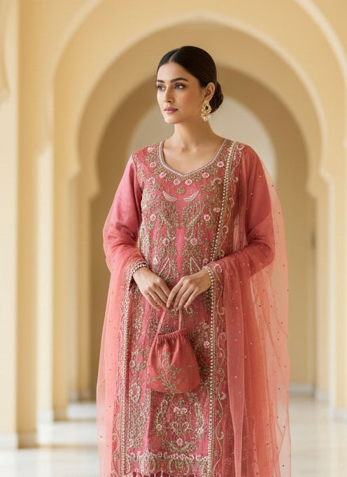 0173B- PINK EMBROIDERED SHARARA SUIT