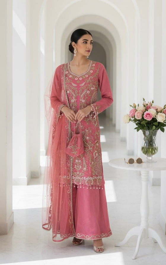 0173B- PINK EMBROIDERED SHARARA SUIT