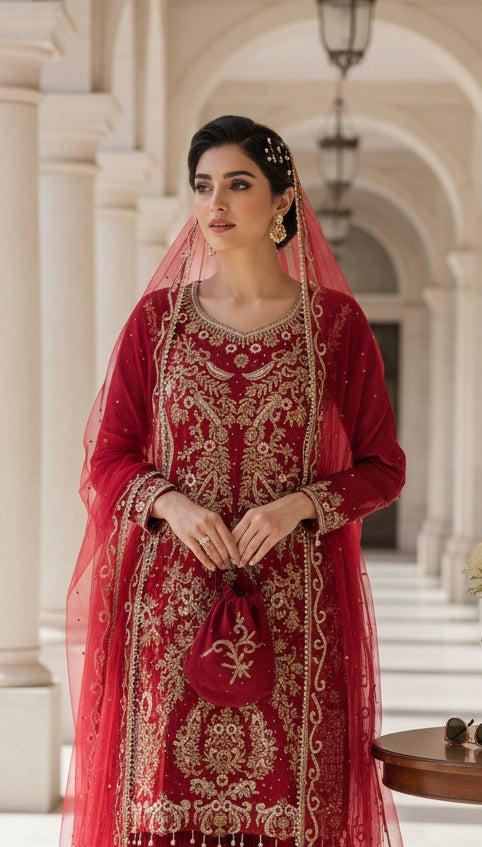 0173C- RED EMBROIDERED SHARARA SUIT