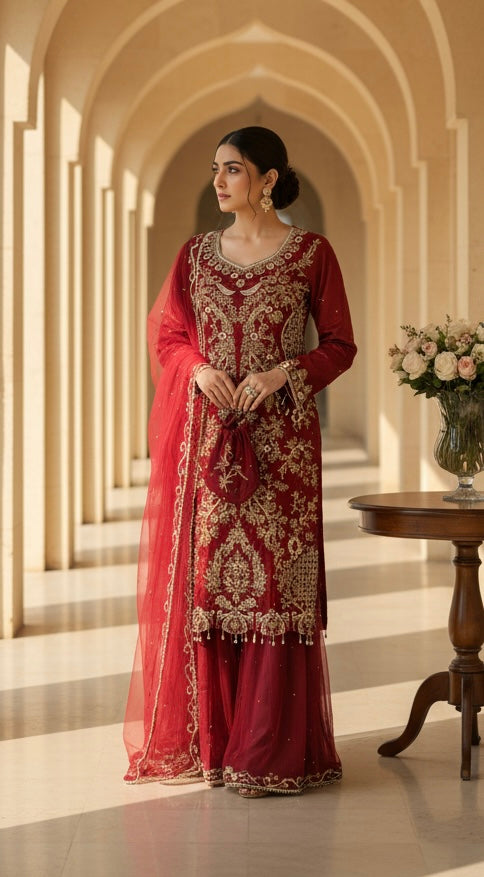 0173C- RED EMBROIDERED SHARARA SUIT