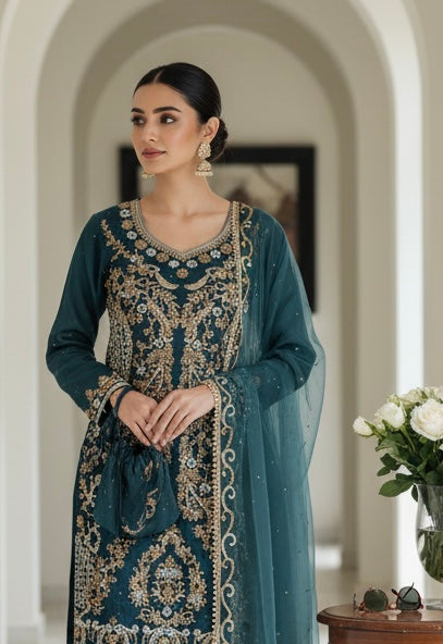 0173D- TEAL EMBROIDERED SHARARA SUIT