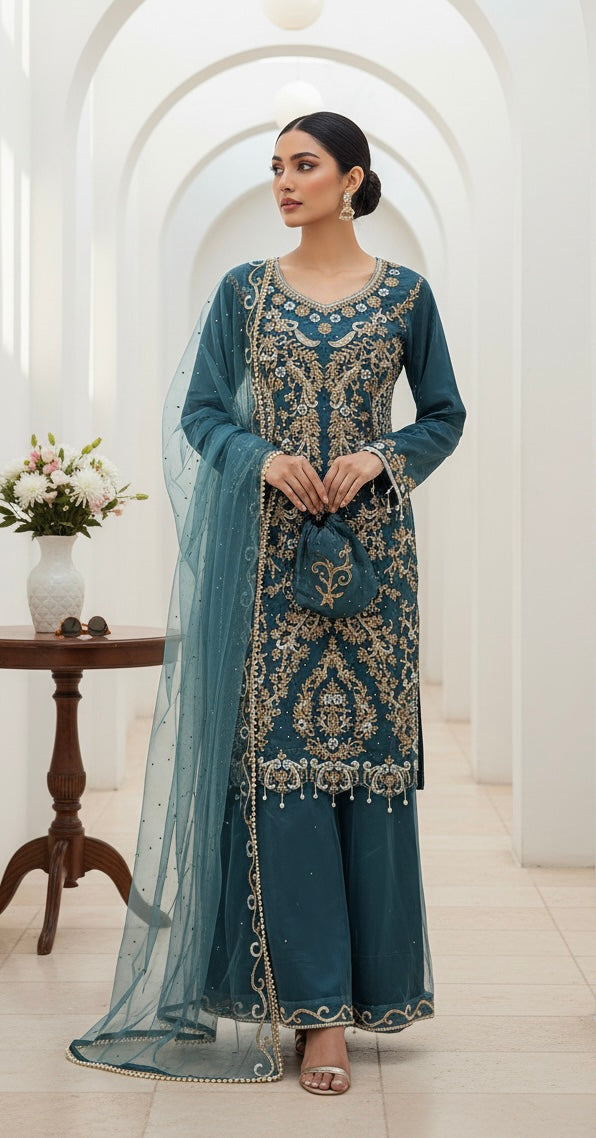 0173D- TEAL EMBROIDERED SHARARA SUIT