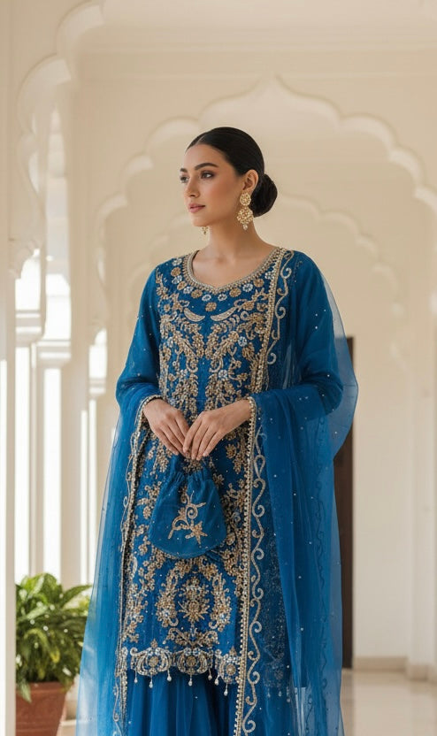 0173A- BLUE EMBROIDERED SHARARA SUIT