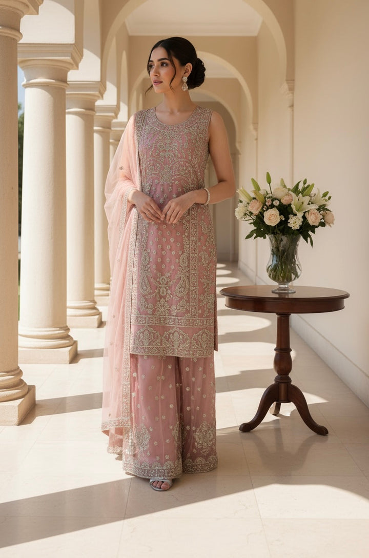 7001C- PINK EMBROIDERED & EMBELLISHED SHARARA SUIT