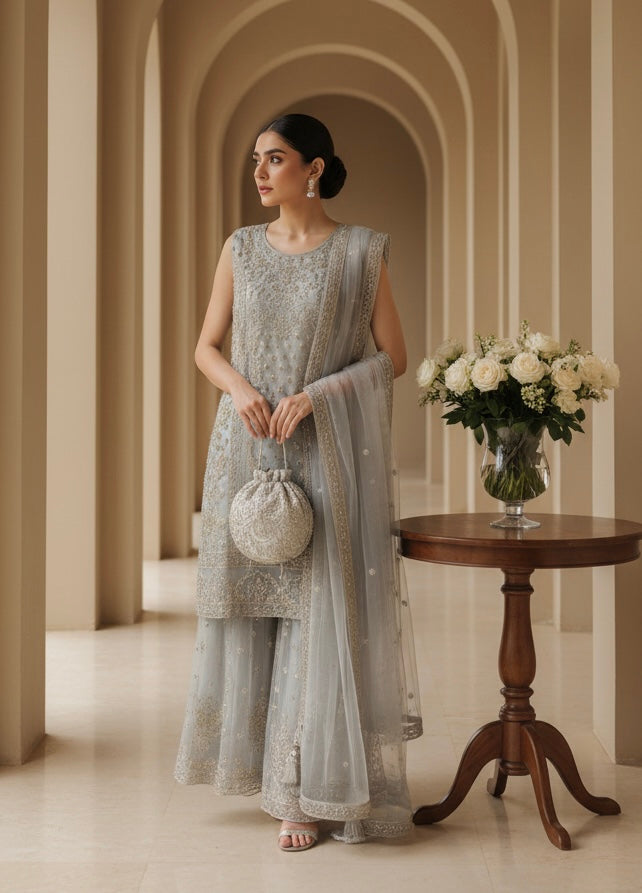 7001B- GREY EMBROIDERED & EMBELLISHED SHARARA SUIT