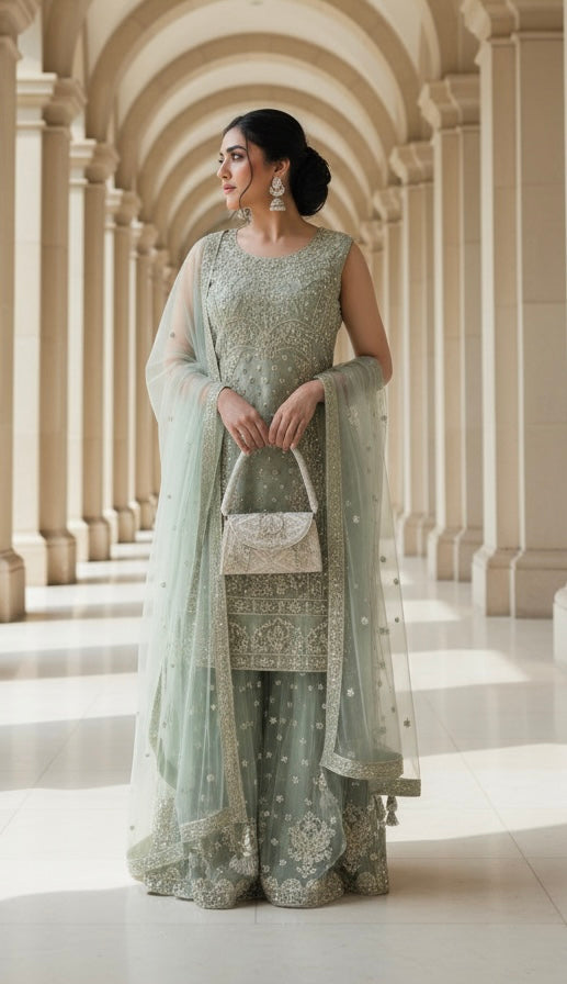 7001A- LIGHT GREEN EMBROIDERED & EMBELLISHED SHARARA SUIT