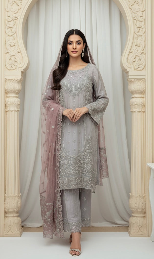 325C- Embroidered Chiffon 3 Piece Suit