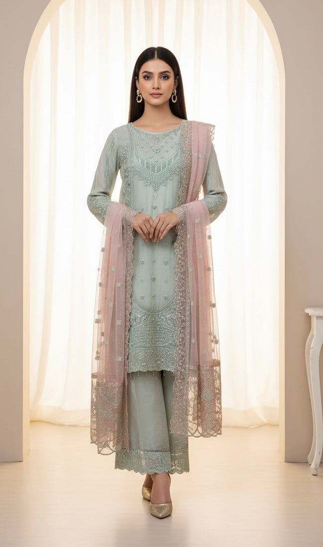 325A- Embroidered Chiffon 3 Piece Suit