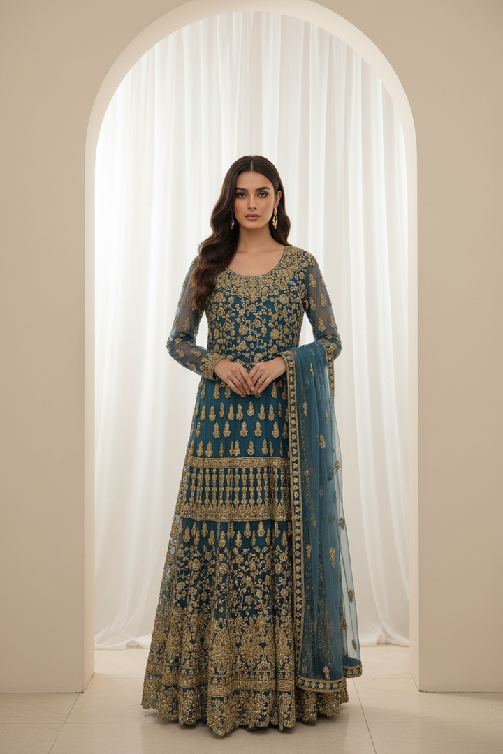 7013A- Embroidered & Embellished net long dress