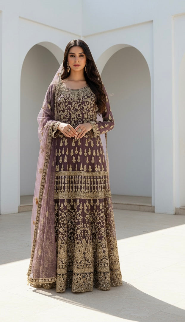 7013C- Embroidered & Embellished net long dress