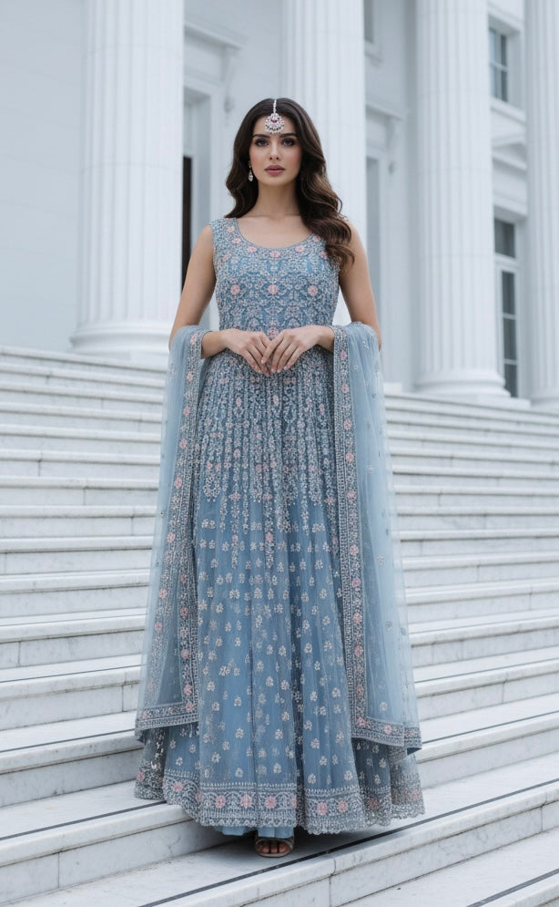 7012A- Embroidered & Embellished net long dress