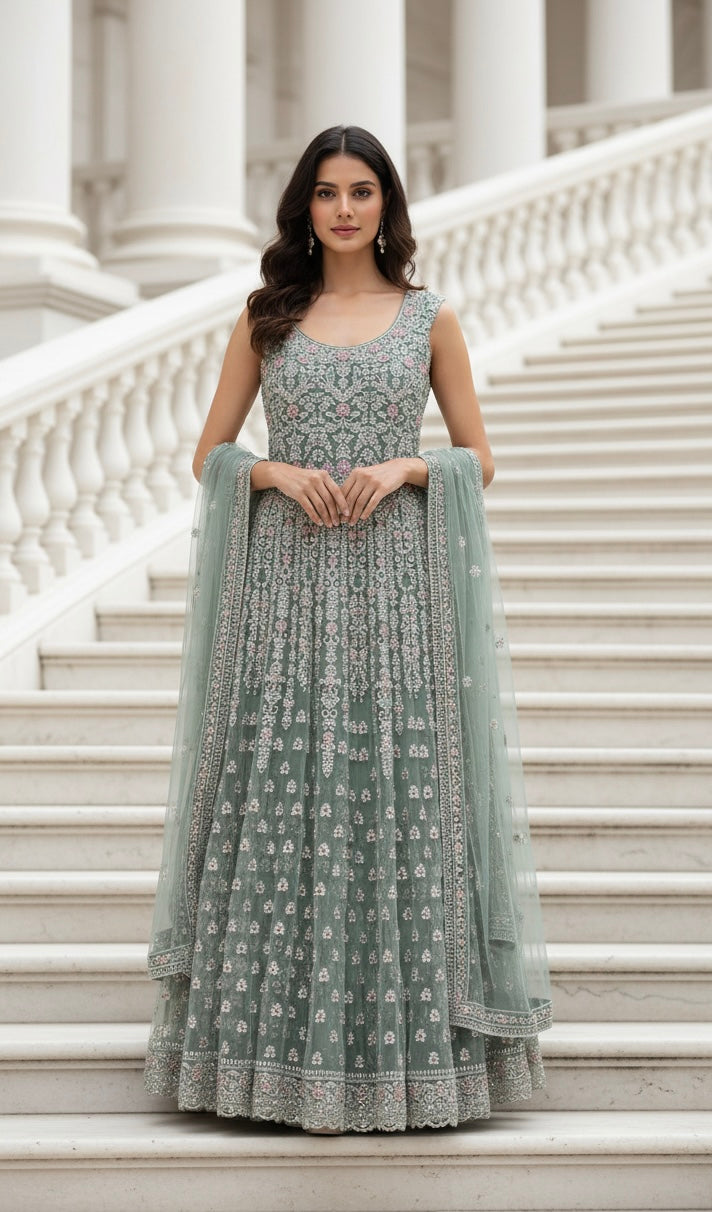 7012B- Embroidered & Embellished net long dress