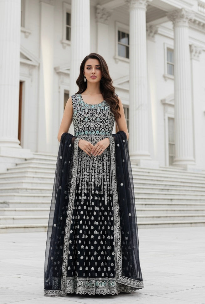 7012C- Embroidered & Embellished net long dress