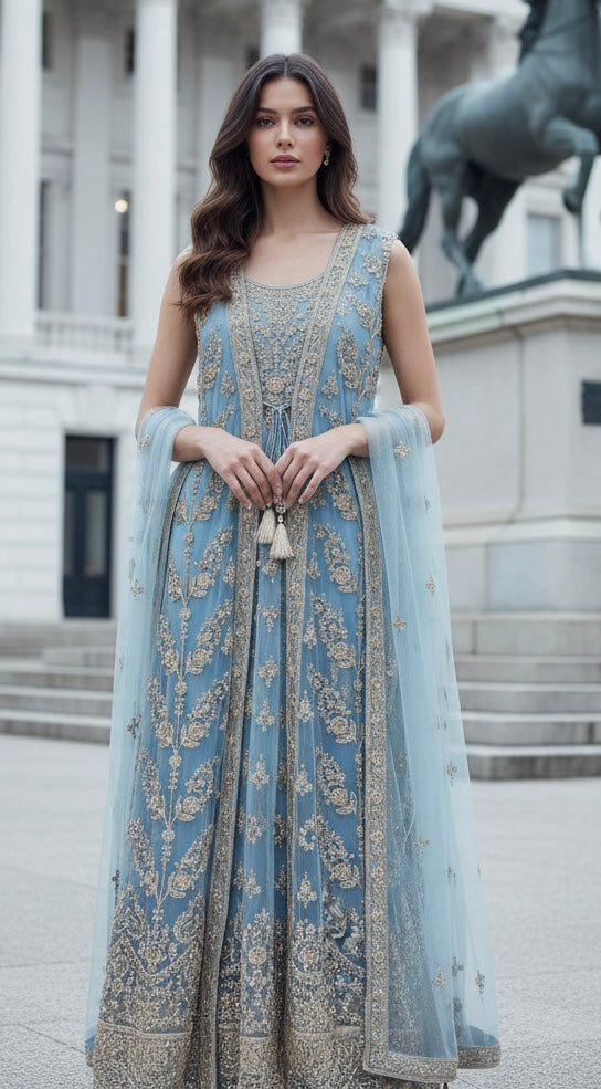 7011A- Embroidered & Embellished net long dress