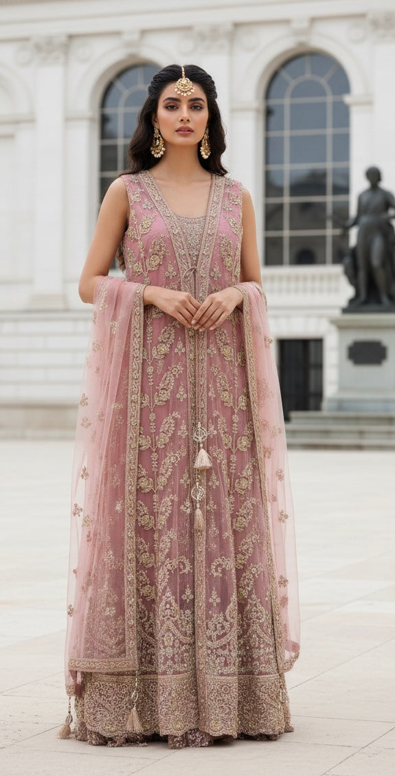 7011B- Embroidered & Embellished net long dress