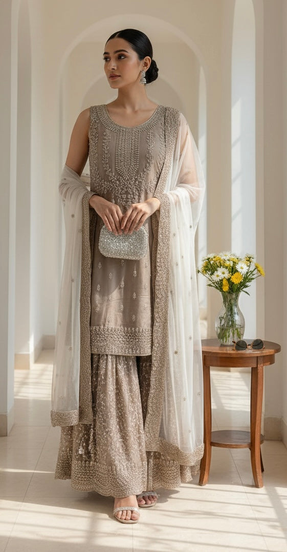 7002A- DARK BEIGE EMBROIDERED & EMBELLISHED SHARARA SUIT