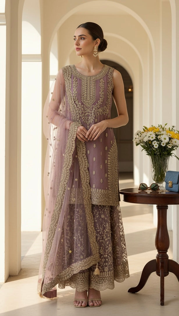 7002B- MAUVE EMBROIDERED & EMBELLISHED SHARARA SUIT
