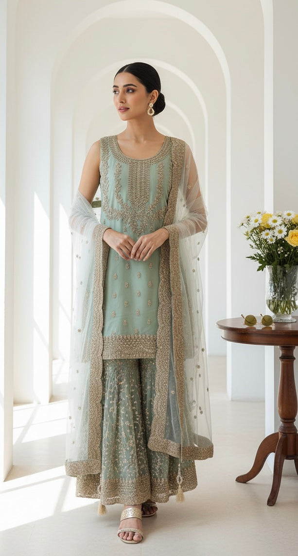 7002C- LIGHT GREEN EMBROIDERED & EMBELLISHED SHARARA SUIT