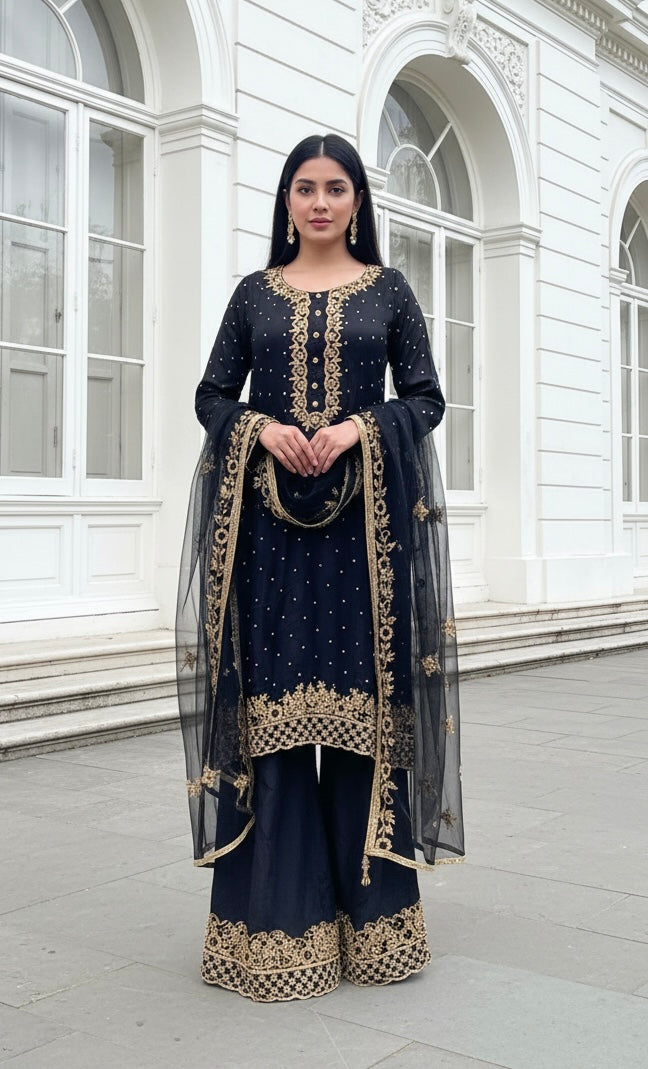 0142A- BLACK GEORGETTE FARSHI PALAZZO SUIT
