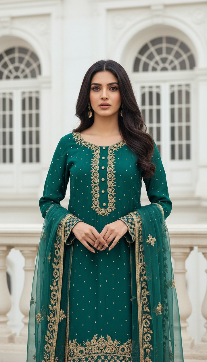 0142C- GREEN GEORGETTE FARSHI PALAZZO SUIT