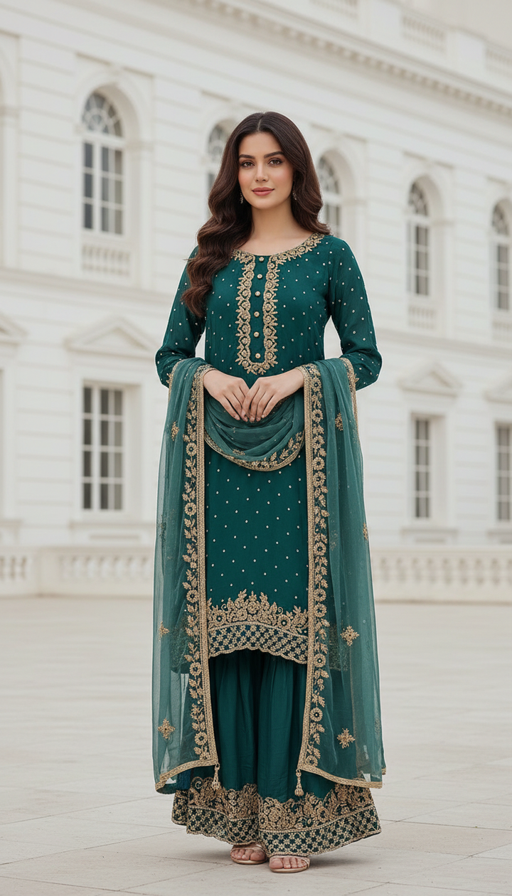 0142C- GREEN GEORGETTE FARSHI PALAZZO SUIT