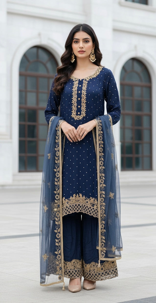 0142D- BLUE GEORGETTE FARSHI PALAZZO SUIT