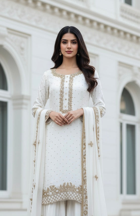 0142E- OFF-WHITE GEORGETTE FARSHI PALAZZO SUIT