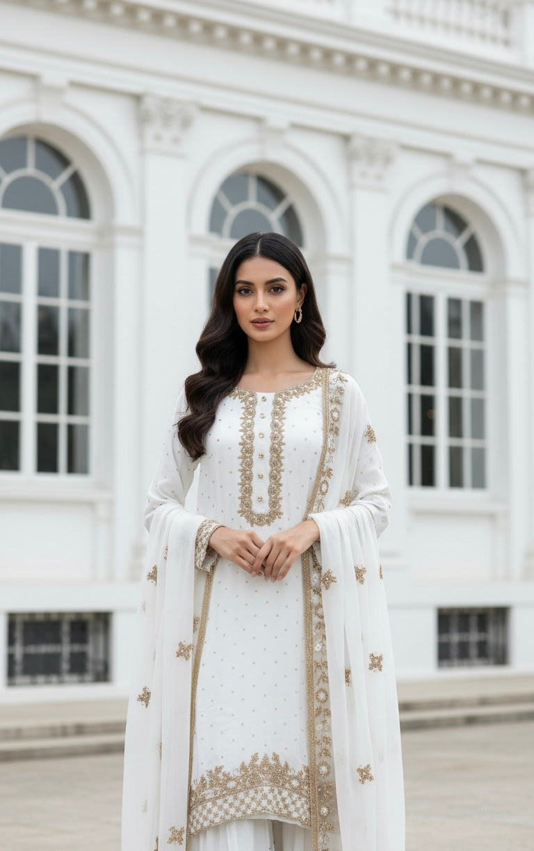 0142E- OFF-WHITE GEORGETTE FARSHI PALAZZO SUIT