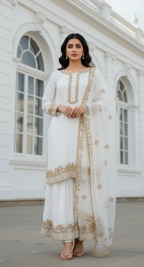 0142E- OFF-WHITE GEORGETTE FARSHI PALAZZO SUIT