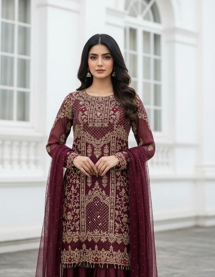 HEAVY EMBROIDERED & EMBELLISHED 3 PIECE SUIT 0197A