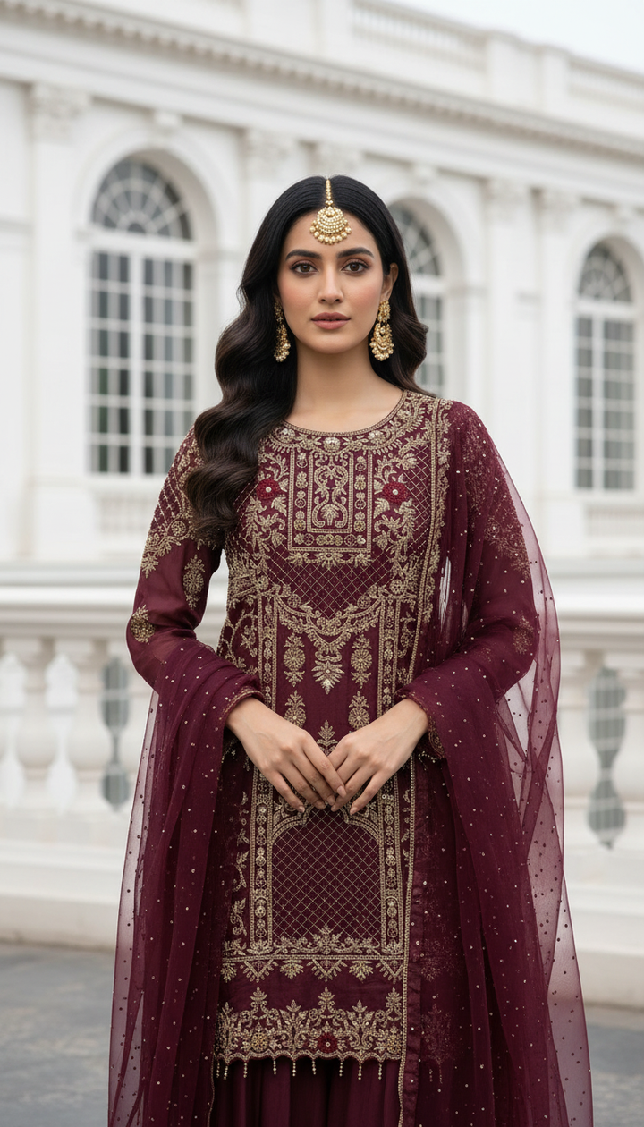 HEAVY EMBROIDERED & EMBELLISHED 3 PIECE SUIT 0197A