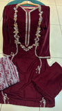 MAROON EMBROIDERED VELVET 3 PIECE SUIT NV36B