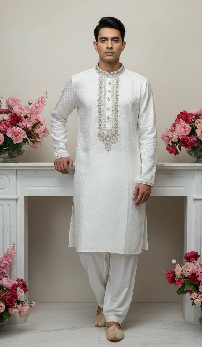 CM342 - MEN’S WHITE HAND EMBROIDERED SET