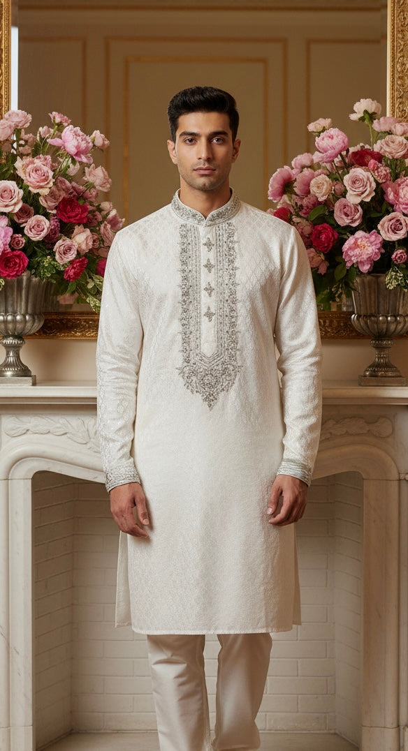 CM341 - MENS WHIITE HAND EMBROIDERED SET