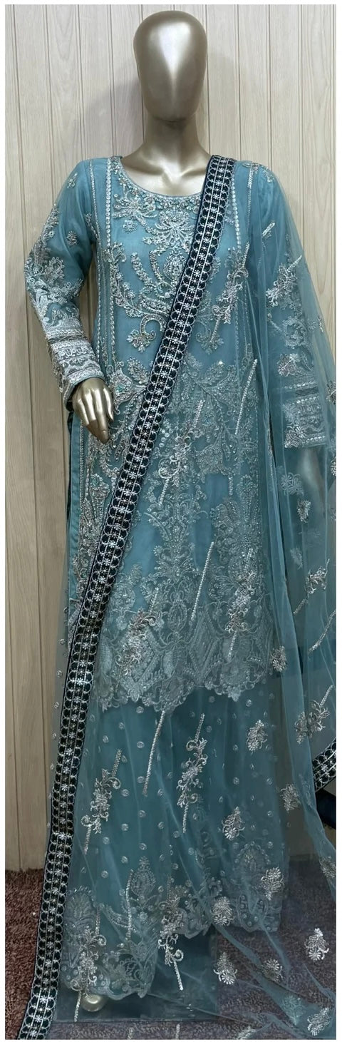 NET EMBROIDERED 3 PIECE SHARARA SUIT 351C