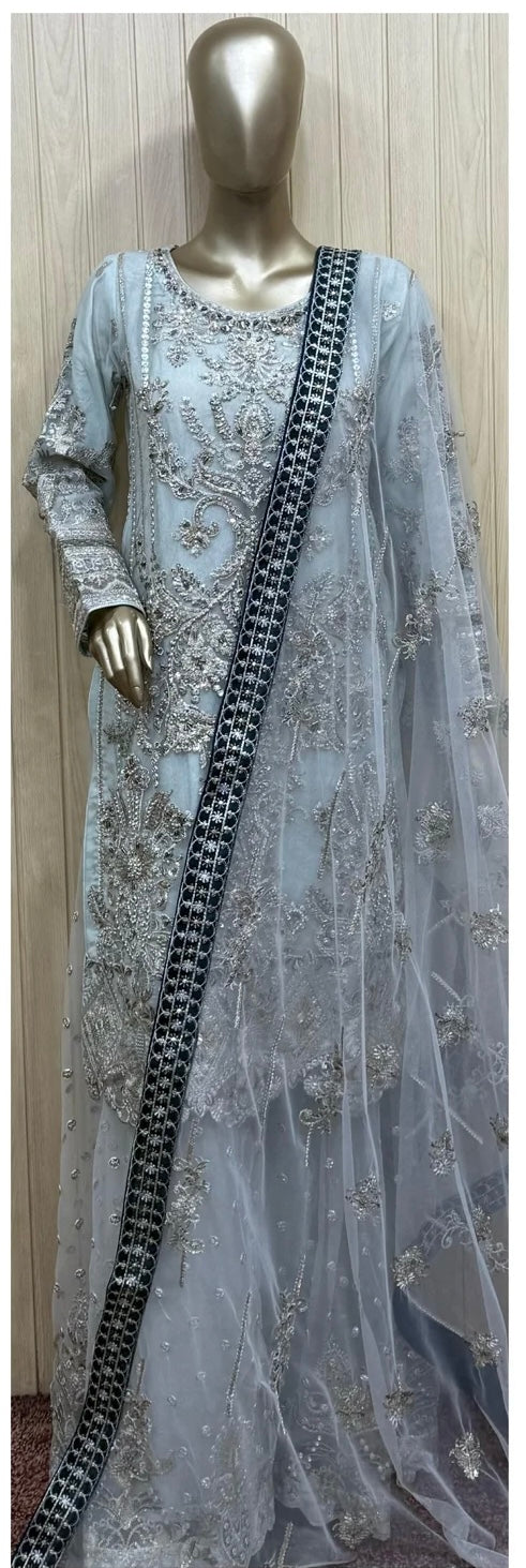 GREY NET EMBROIDERED 3 PIECE SHARARA SUIT 351A