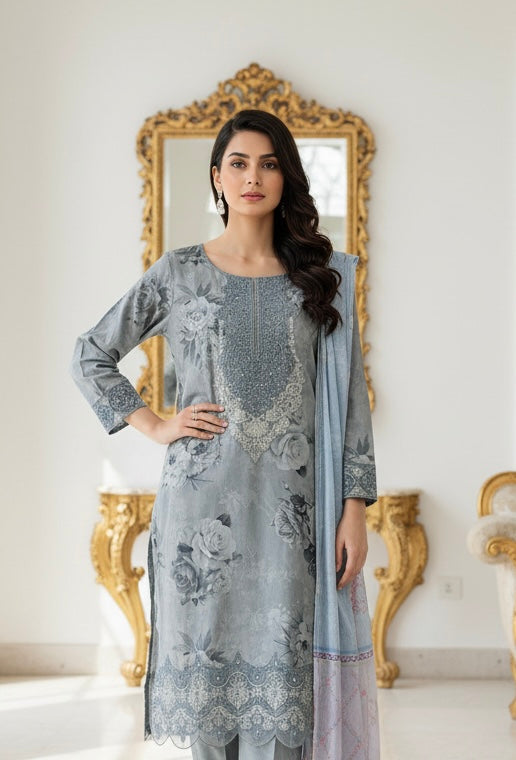 KB06 - EMBROIDERED LINEN PRINT 3 PIECE SUIT