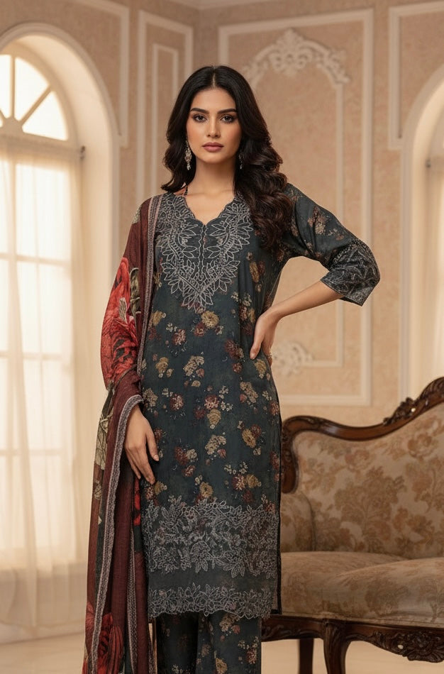 KB04 - EMBROIDERED LINEN PRINT 3 PIECE SUIT