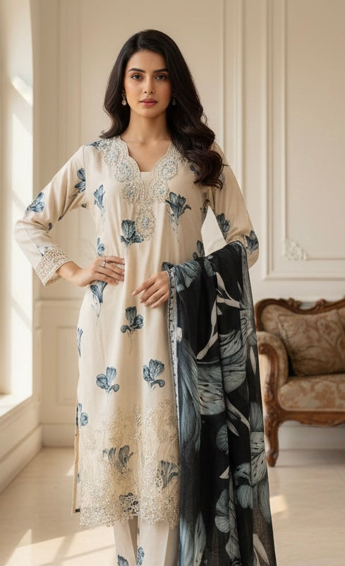 KB02 - EMBROIDERED LINEN PRINT 3 PIECE SUIT