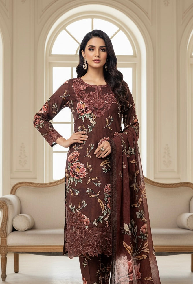 KB01 - EMBROIDERED LINEN PRINT 3 PIECE SUIT