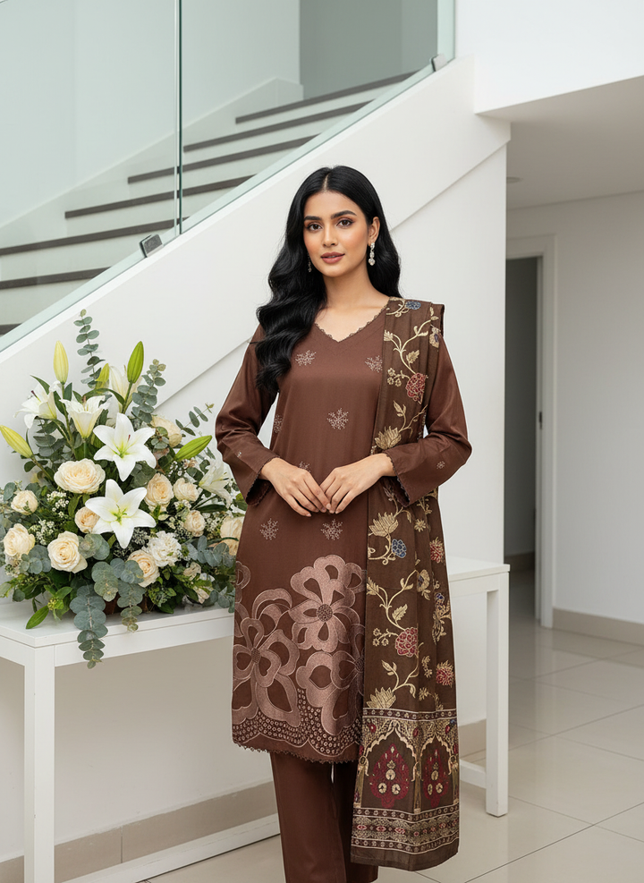 GF02 - BROWN DHANAK LINEN EMBROIDERED SUIT