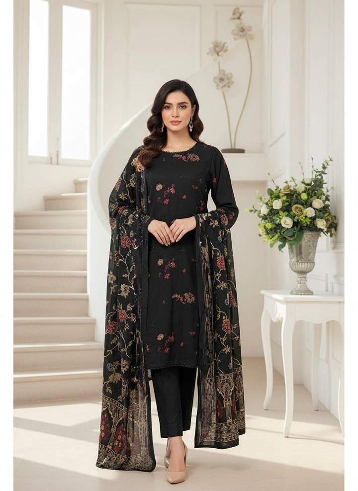 GF01 - BLACK DHANAK LINEN EMBROIDERED SUIT