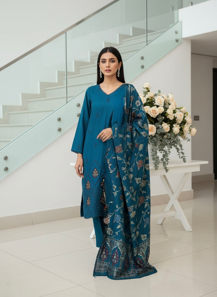 GF03 - TEAL FEROZI DHANAK LINEN EMBROIDERED SUIT