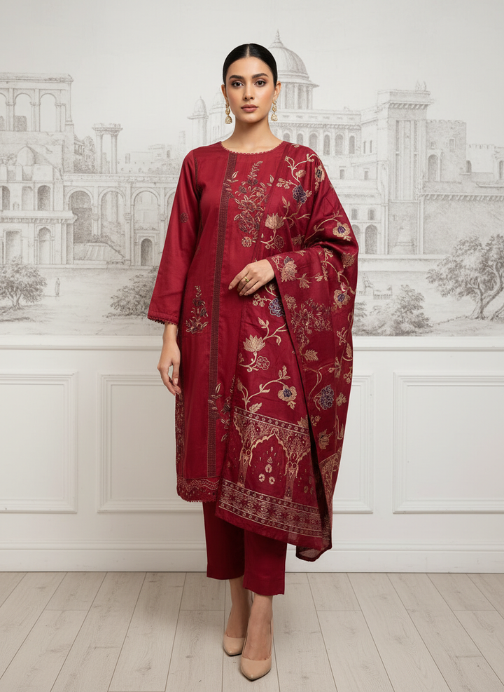 GF04 - RED DHANAK LINEN EMBROIDERED SUIT