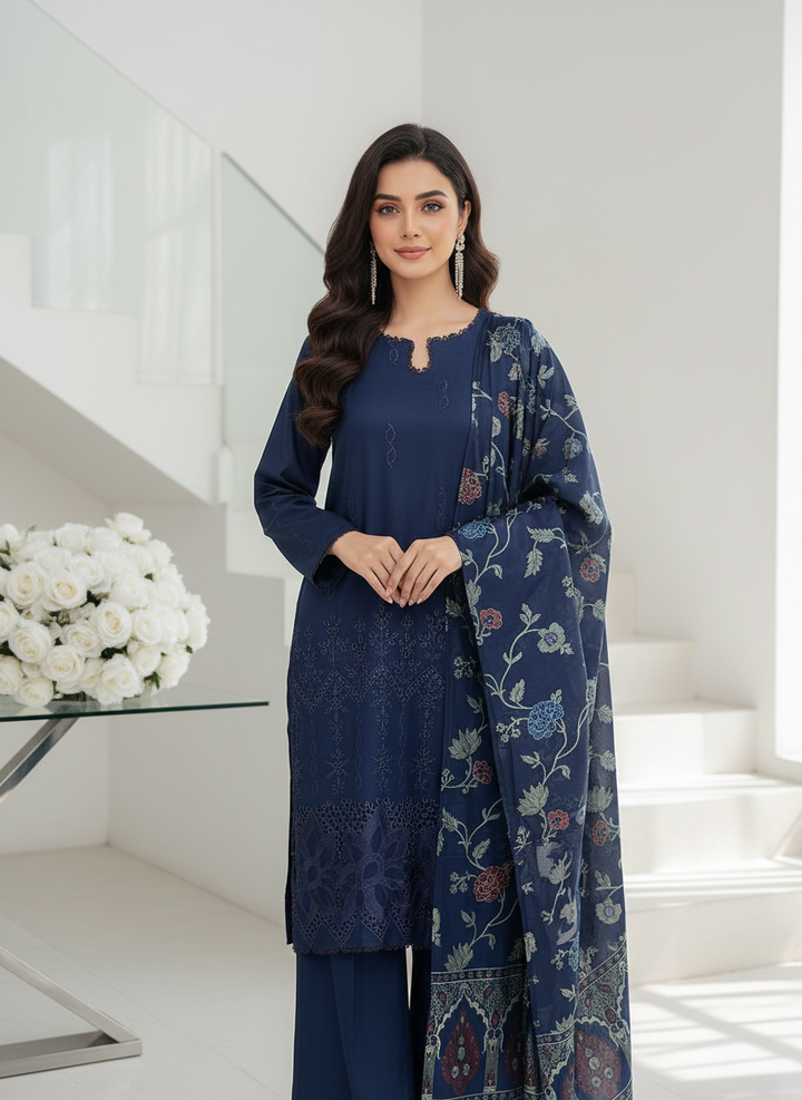 GF06 - BLUE DHANAK LINEN EMBROIDERED SUIT