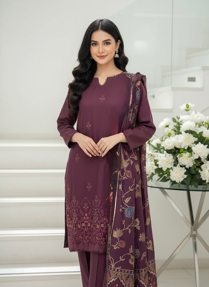 GF05 - PURPLE DHANAK LINEN EMBROIDERED SUIT